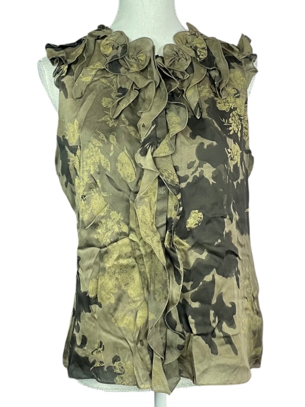 Elie Tahari 100% Silk Blouse M Ruffle Swirl Abstract Taupe Black Brown Tank Top
